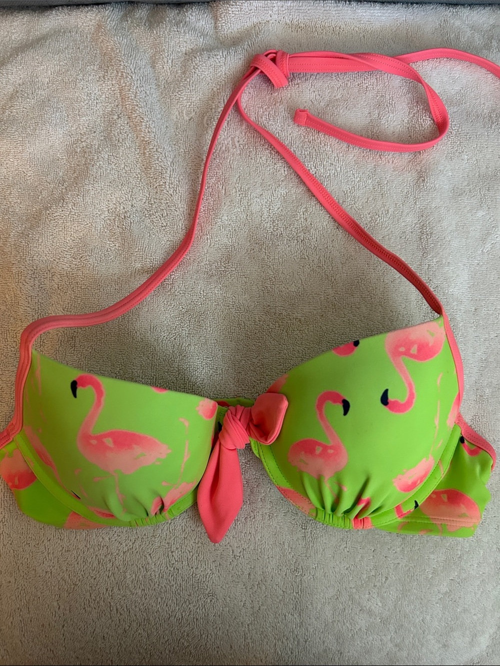 aerie Neon Green and Hot Pink Flamingo Bikini Top